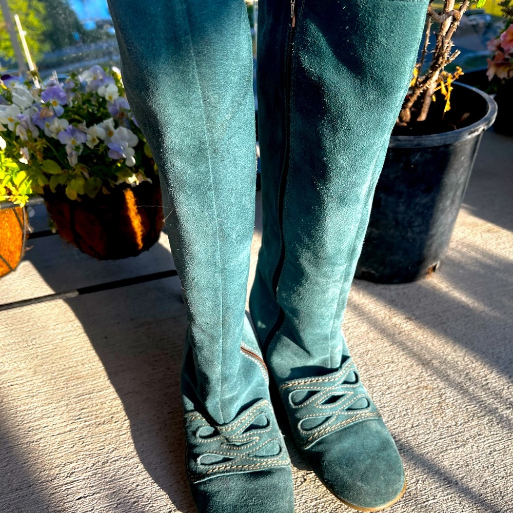 Fly London wedge-heel knee high suede boots, sz 38, turquoise